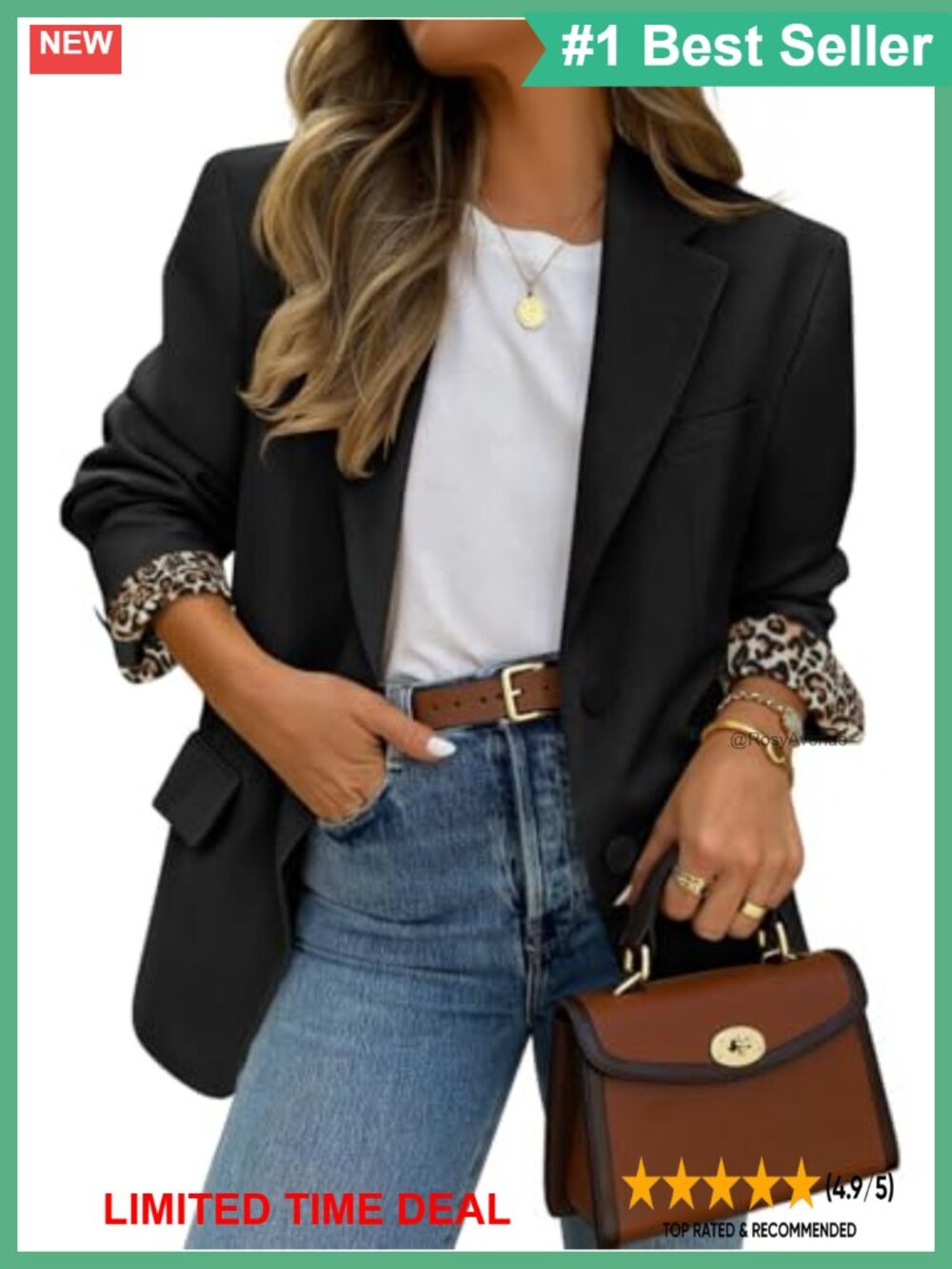 Oversized Open Front Blazer Button Lapel Collar Leopard Lined Business Casual